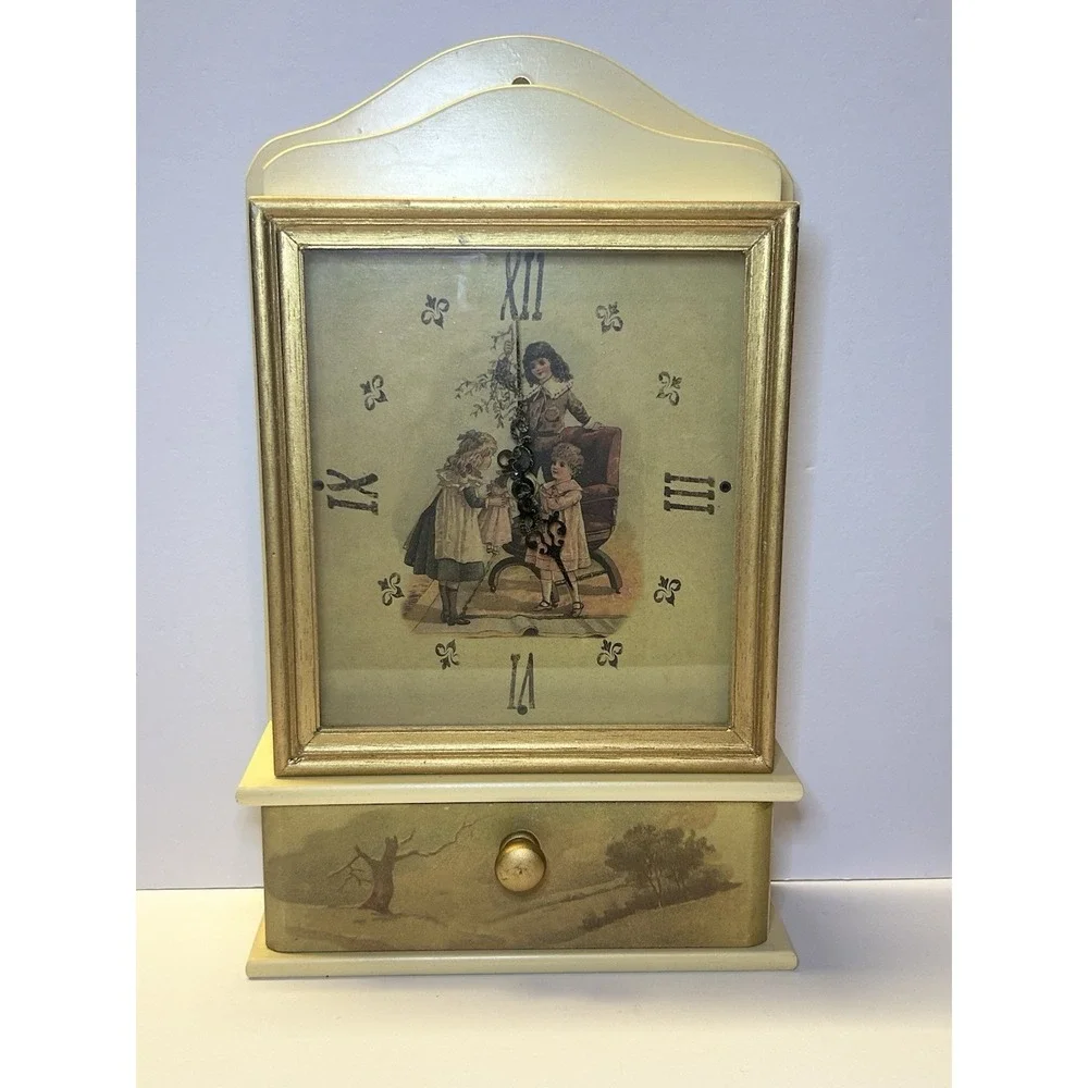 Vintage Victorian Style Wood Wall Clock Key Cabinet‎ Storage Drawer Cream Gold